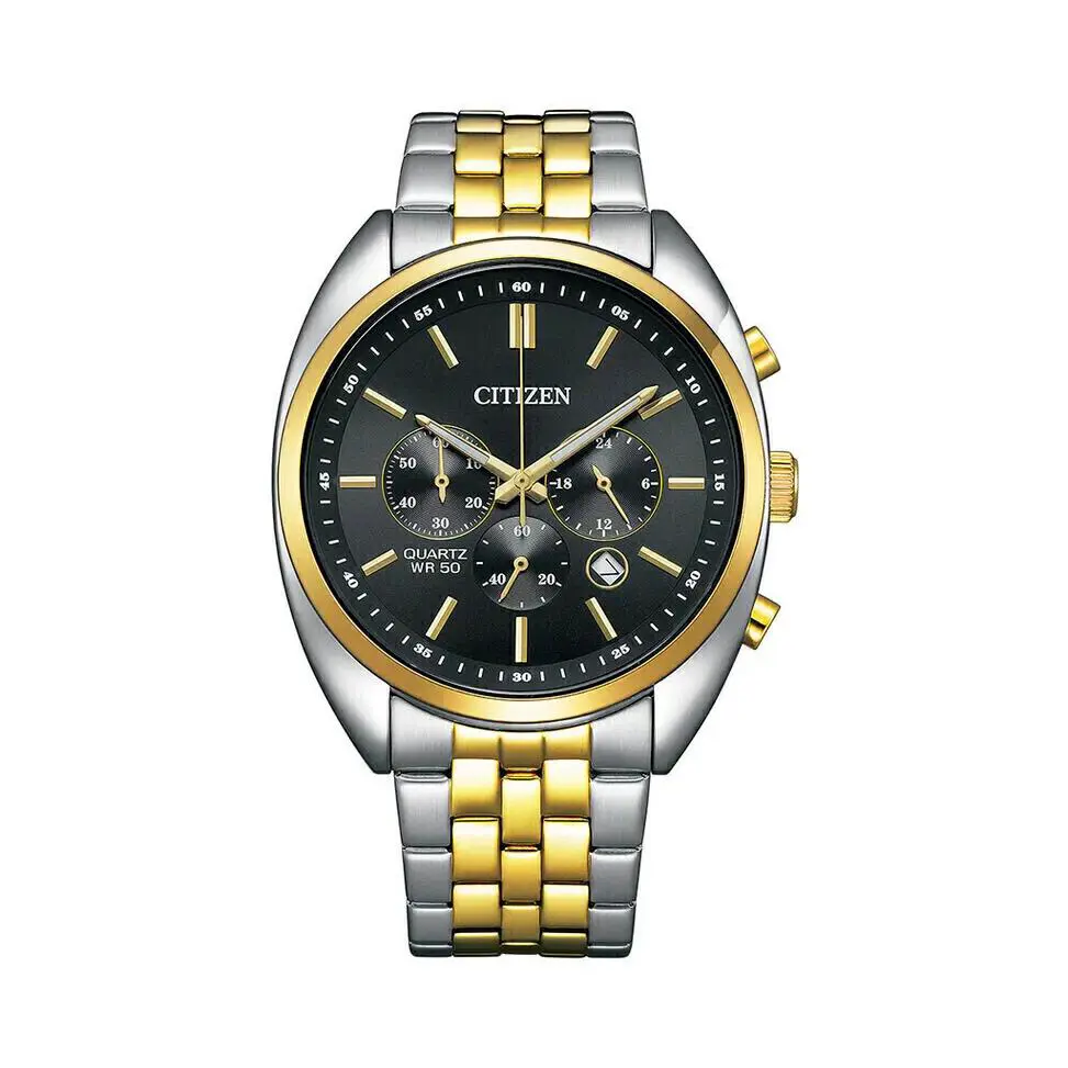Citizen Men`s Chronograph Quartz Black Dial Watch - AN8214-55E - Dial: Black, Band: Multicolor, Bezel: Gold