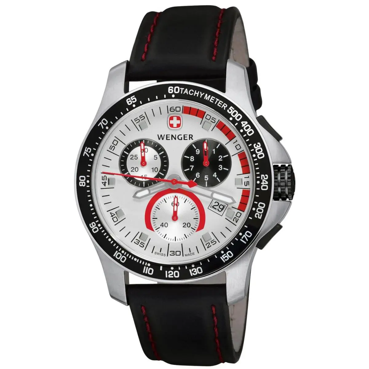 Wenger Chronograph Silver Dial Date Black Leather Strap Men`s Watch 70791