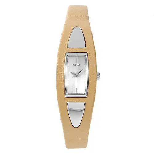 Women`s Silver Dial Camel Leather Stainless Steel Watch by Pulsar