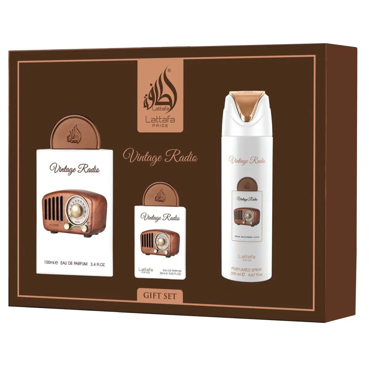 Vintage Radio Unisex Eau de Parfum Gift Set with Travel Spray by Lattafa