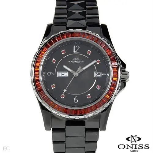 Oniss Ladies Ceramic Reddish Orange Crystals Quartz Watch Model on620-lb/rd