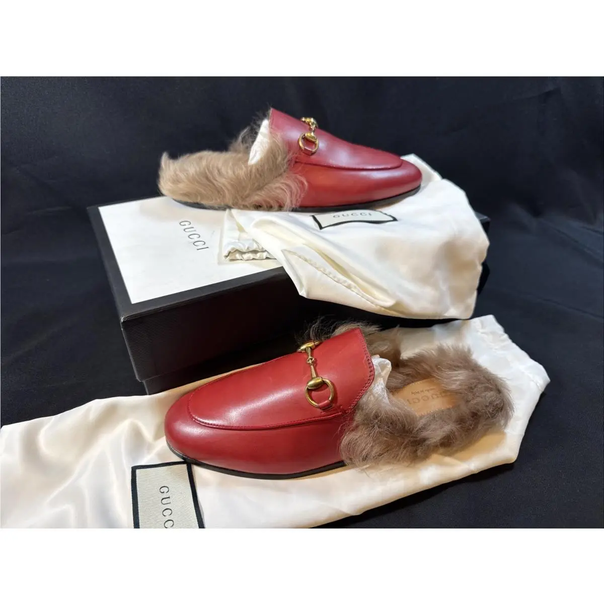Gucci Princetown Horsebit Fur Lined Mule Flat Size 36 US 6 Red Leather Slip On