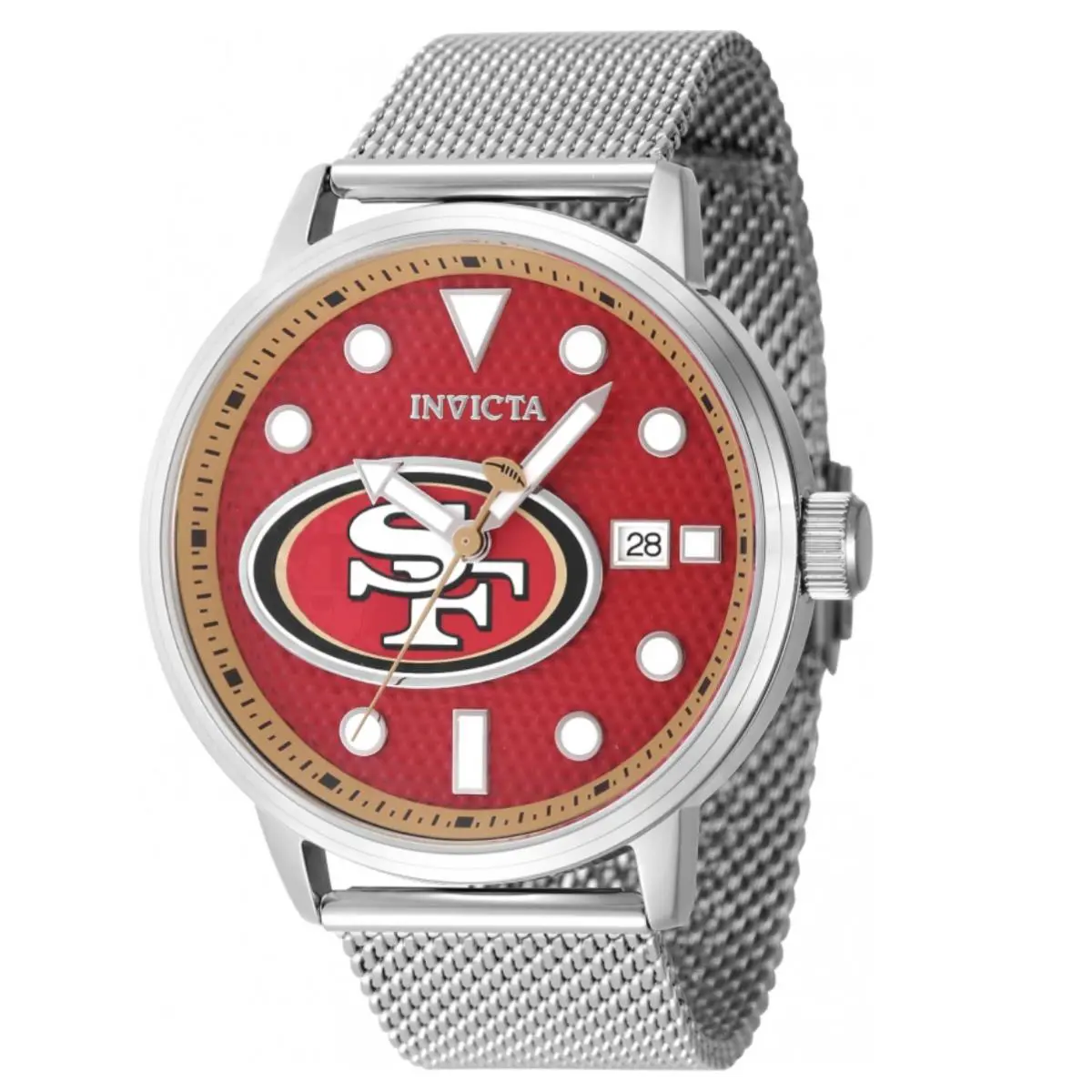 Invicta Nfl San Francisco 49ers Men`s 44mm Mesh Stainless Quartz Watch 47971 - Dial: Black, Brown, Champagne, Multicolor, Red, White, Band: Silver, Bezel: Silver