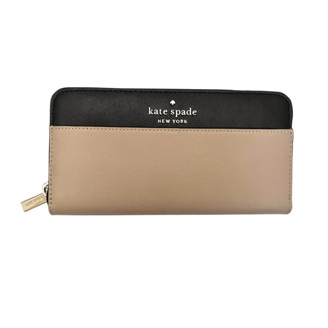 Kate Spade Womens Black Tan Leather Zip Up Around Large Continental Wallet New