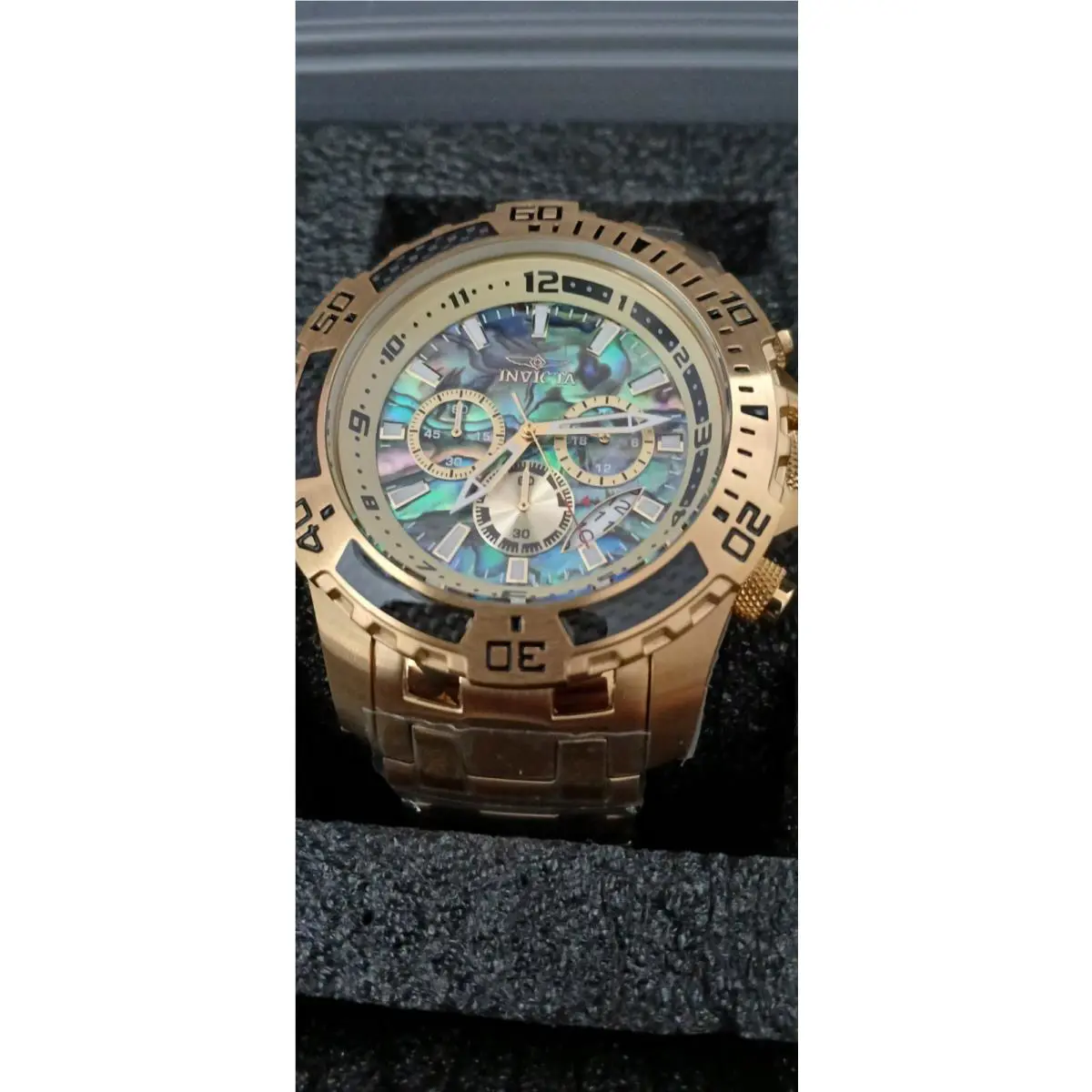 Invicta Pro Diver Gold Chronograph Quartz Watch Abalone Dial 100m