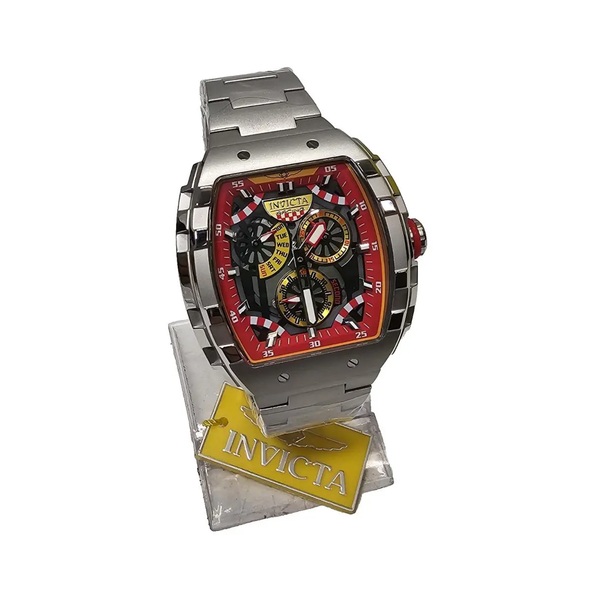 Invicta Men`s Watch Invicta Racing Yellow Red Black Dial Steel Bracelet 49221 - Dial: Red, Yellow, Black, Band: Silver