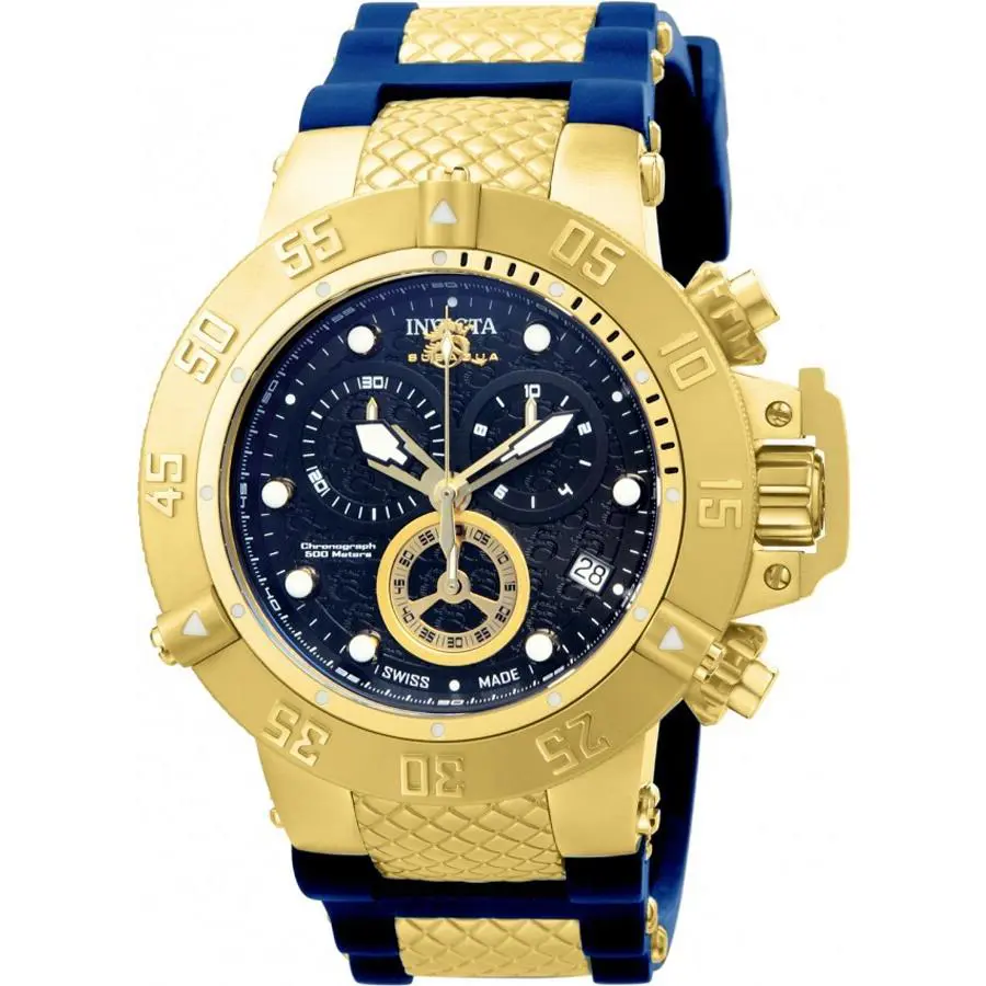 Invicta 15799 Subaqua Black Dial Blue Rubber Band Chronograph Men`s Watch - Dial: Black, Band: Black, Blue, Gold, Bezel: Gold