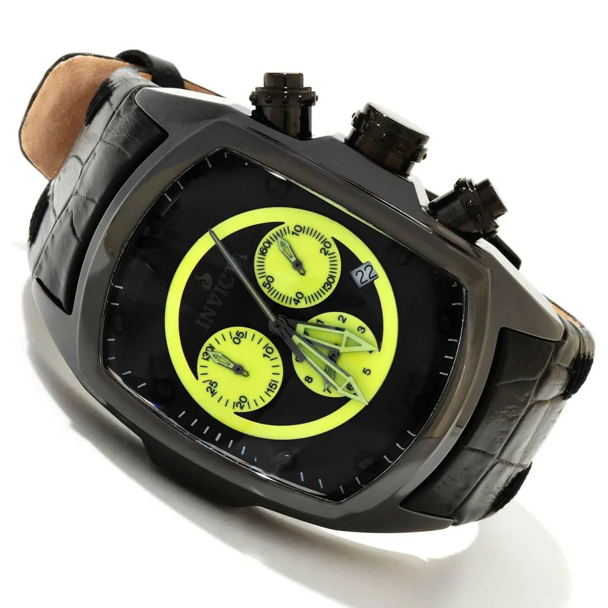 Invicta Lupah Chronograph Date Black Dial Black Leather Men`s Watch 10285 - Dial: Black, Band: Black, Bezel: Black