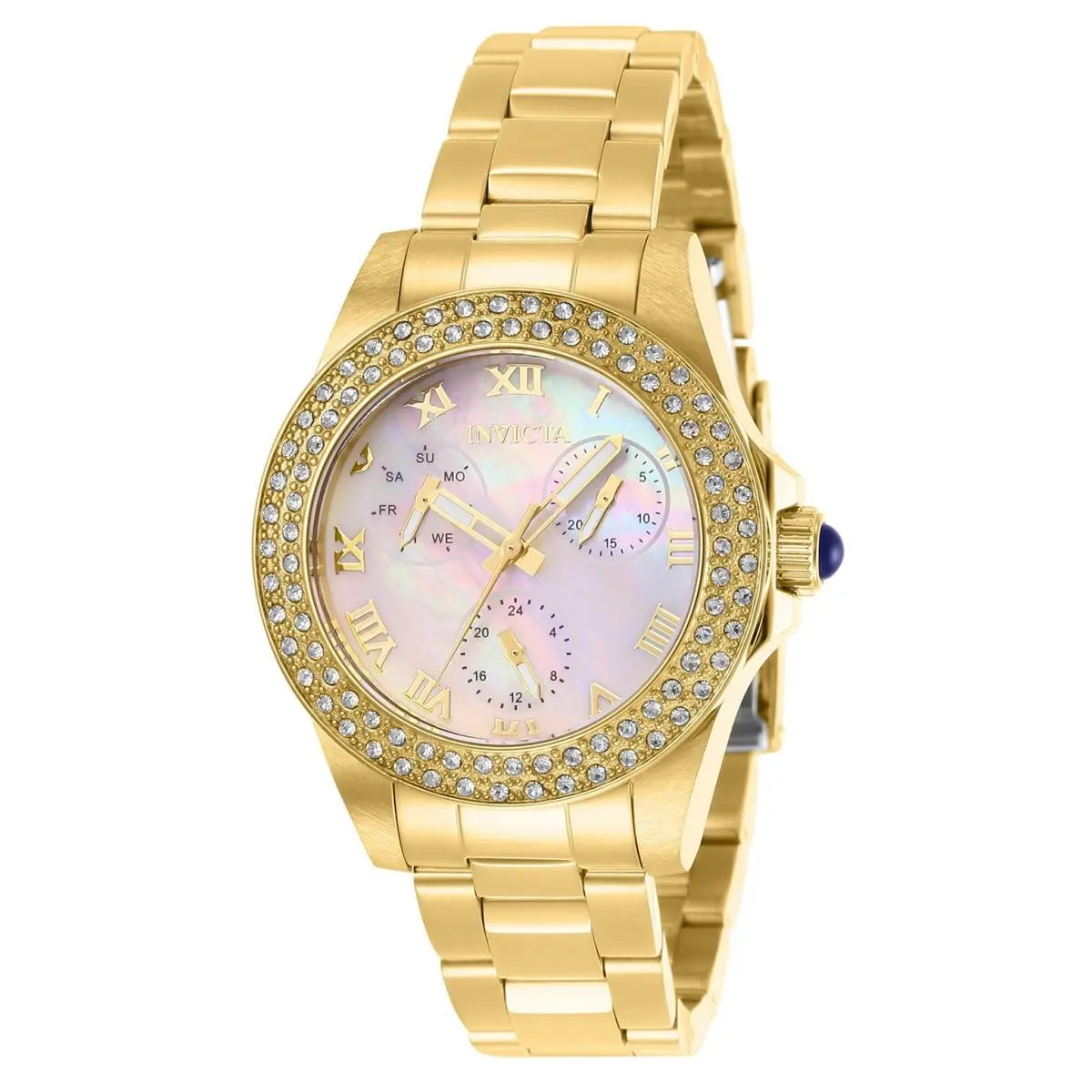 Invicta Women`s Watch Angel Quartz White Mop Dial Yellow Gold Bracelet 28481 - Dial: Multicolor, Band: Gold, Bezel: Gold, White