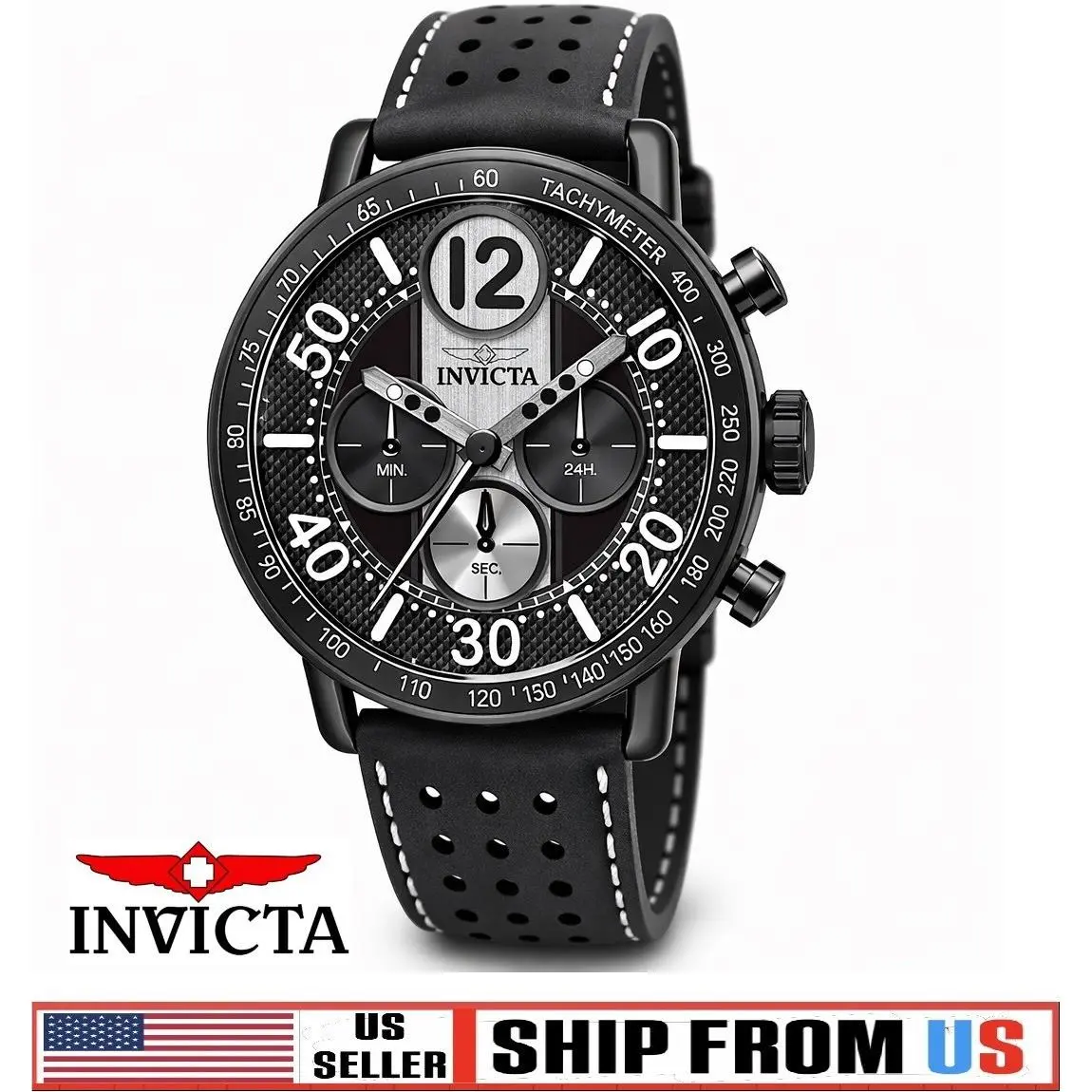 Invicta Racing Mens Black White 44mm Quartz Leather Strap Watch 50363