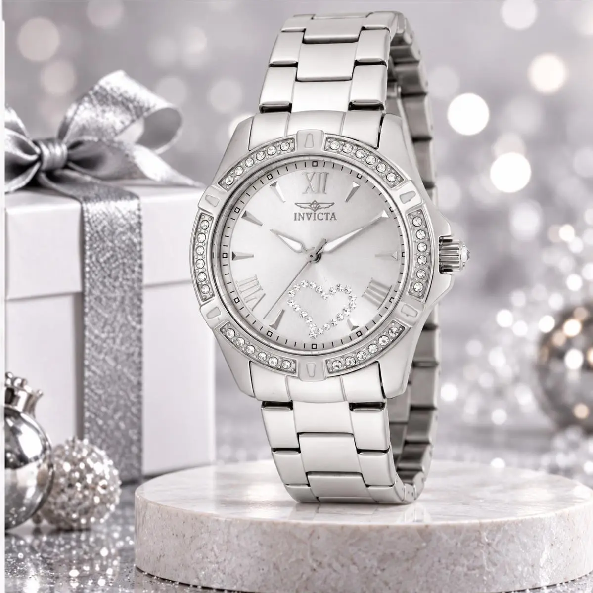 Invicta Angel Men`s Watch 34.5mm Silver Crystal Heart Dial Stainless Steel 21383 - Dial: Silver, Band: Stainless Steel, Silver, Bezel: Silver