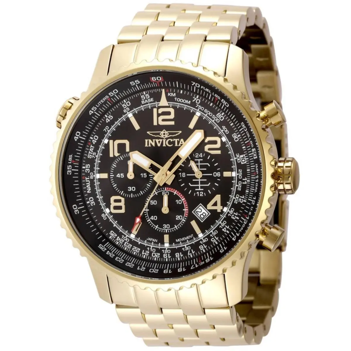 Invicta Aviator 49082 Men`s 49mm Gold Steel Black Dial Quartz Watch 200m WR