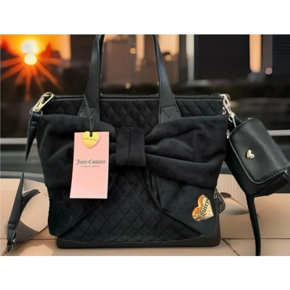 Viral Juicy Couture Black Diamond Quilted Tied with A Bow Mini Tote