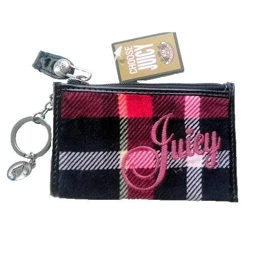 Juicy Couture Plaid Leather Zip Coin Purse + Key Ring Red Black