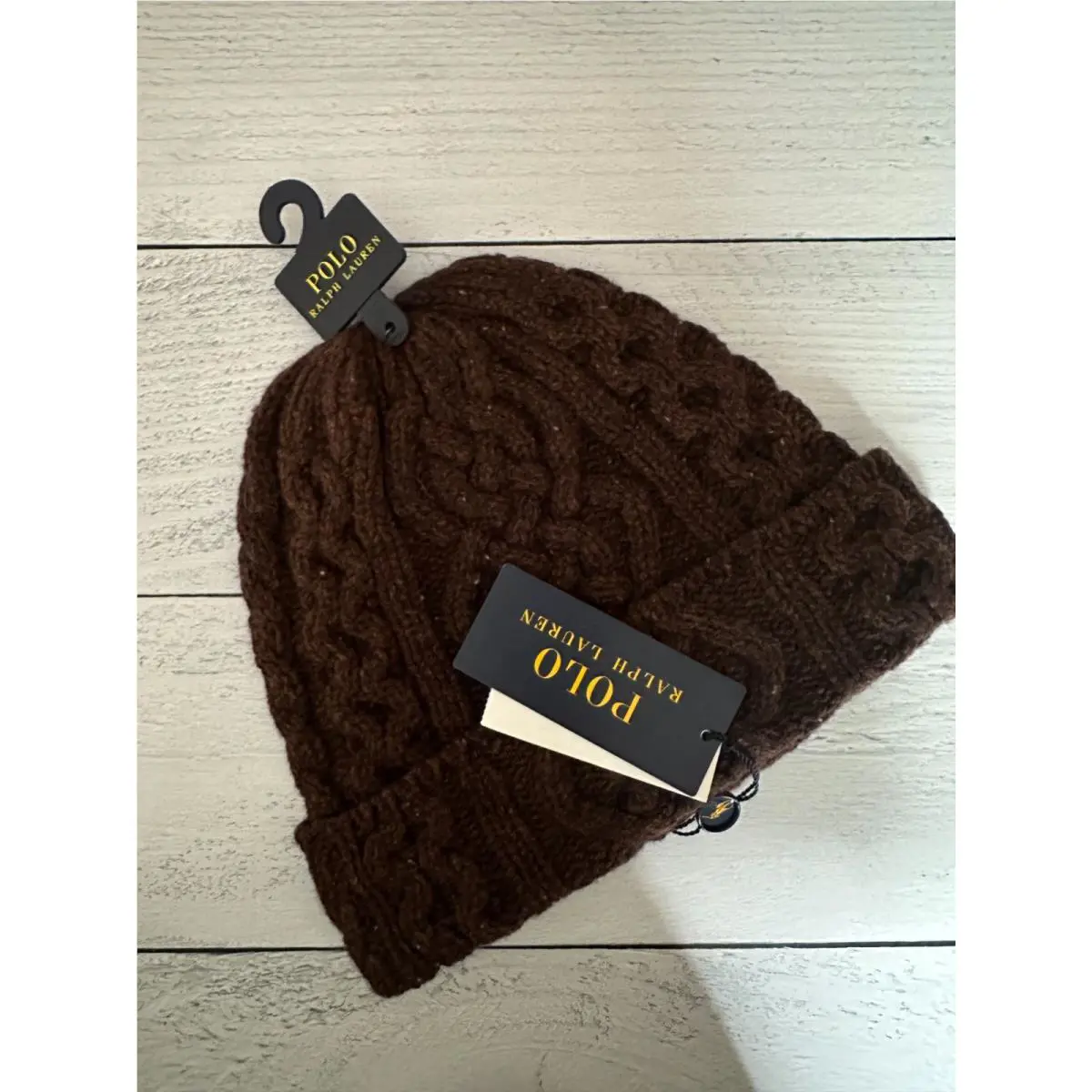 BN Polo Ralph Lauren Men`s Tweed Cable Cuff Beanie Color Luggage