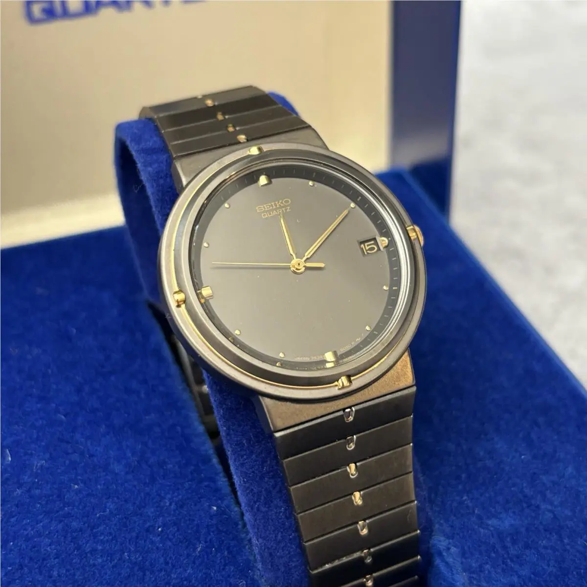 Nos Neo Vintage Seiko Watch Men Grey Gold Tone 7432-6059 33mm Rare Box - Bat