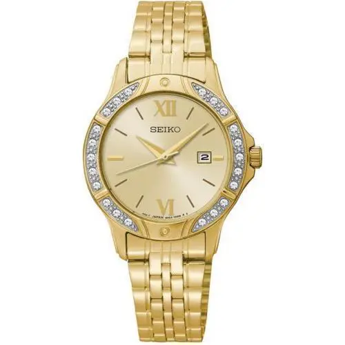 Seiko SUR860 Date 22 Swarovski Crystals Gold Tone Stainless Steel Women`s Watch