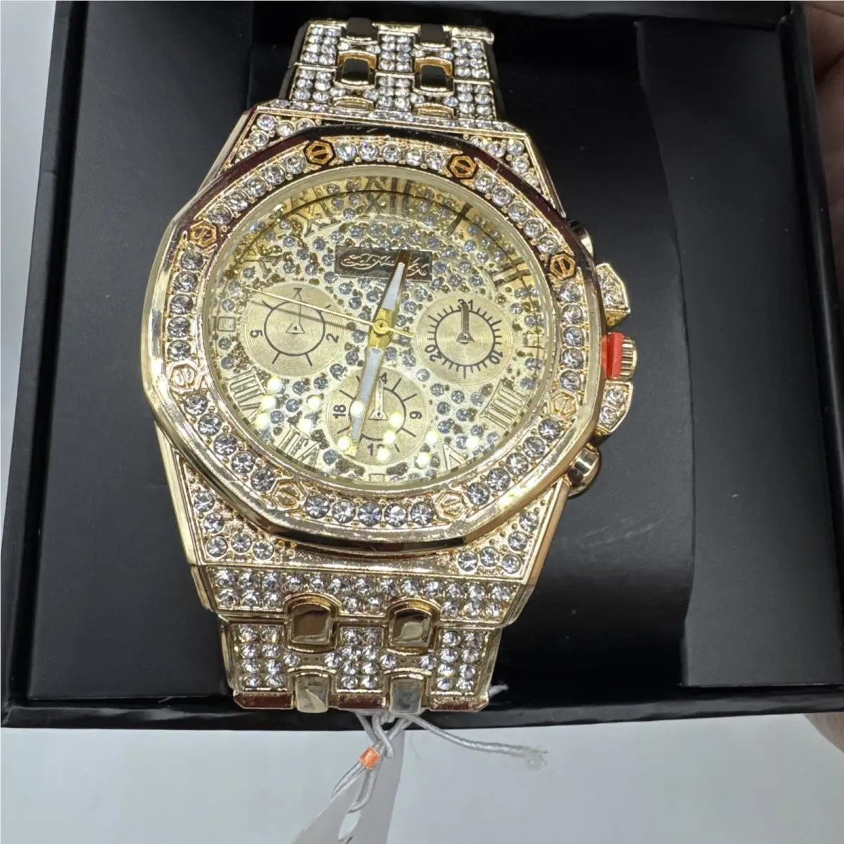 Women`s Iced Out Watch Rose Gold Rhinestone Encrusted Bling Watch by Ed Hardy