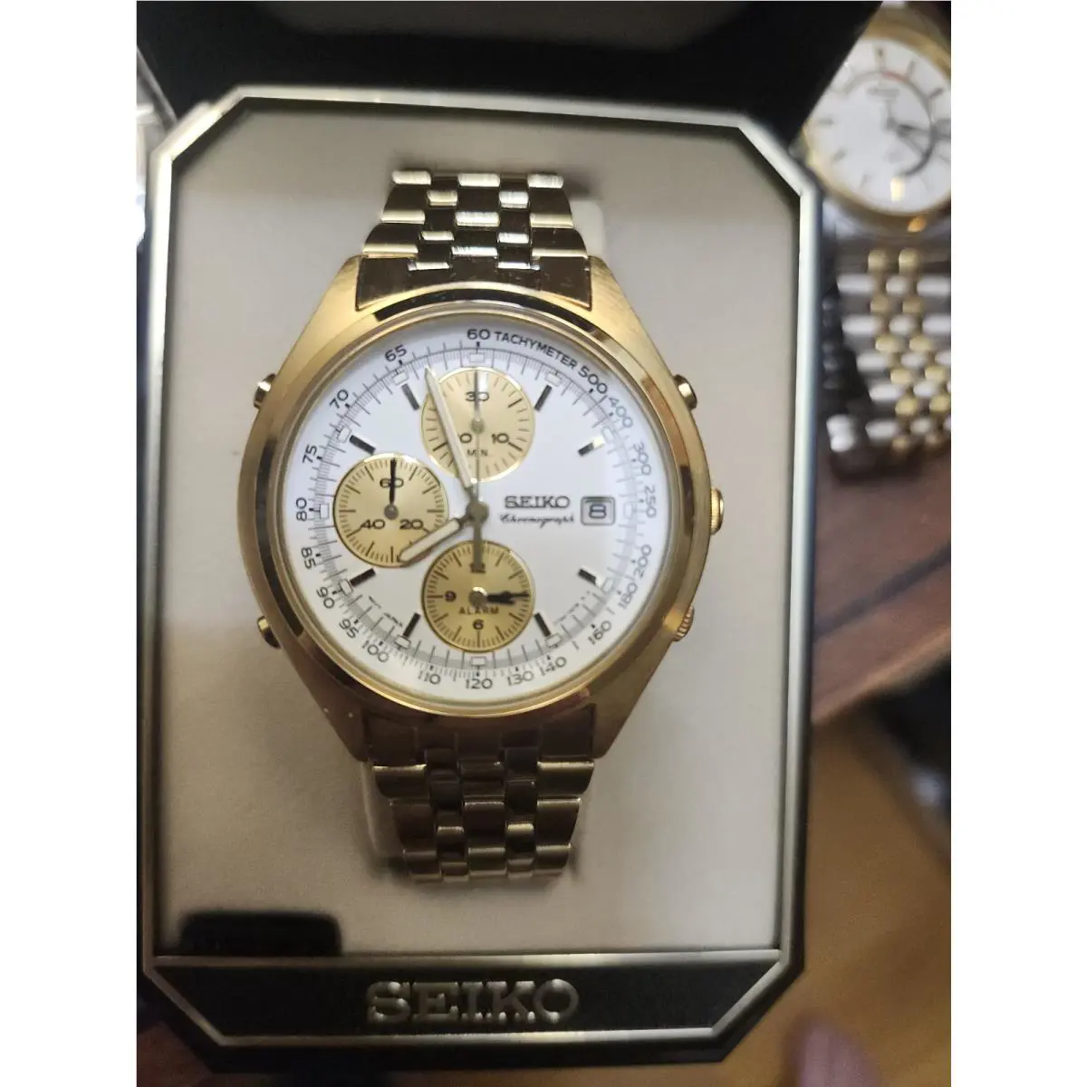 Seiko 7T32-7C60 Quartz Alarm Chronograph Gold Panda Dial 38mm Mens Watch