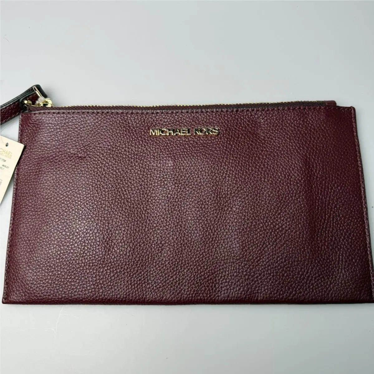 Michael Kors Lg Zip Clutch Wristlet Wallet Pebbled Leather Gold Logo Burgundynwt