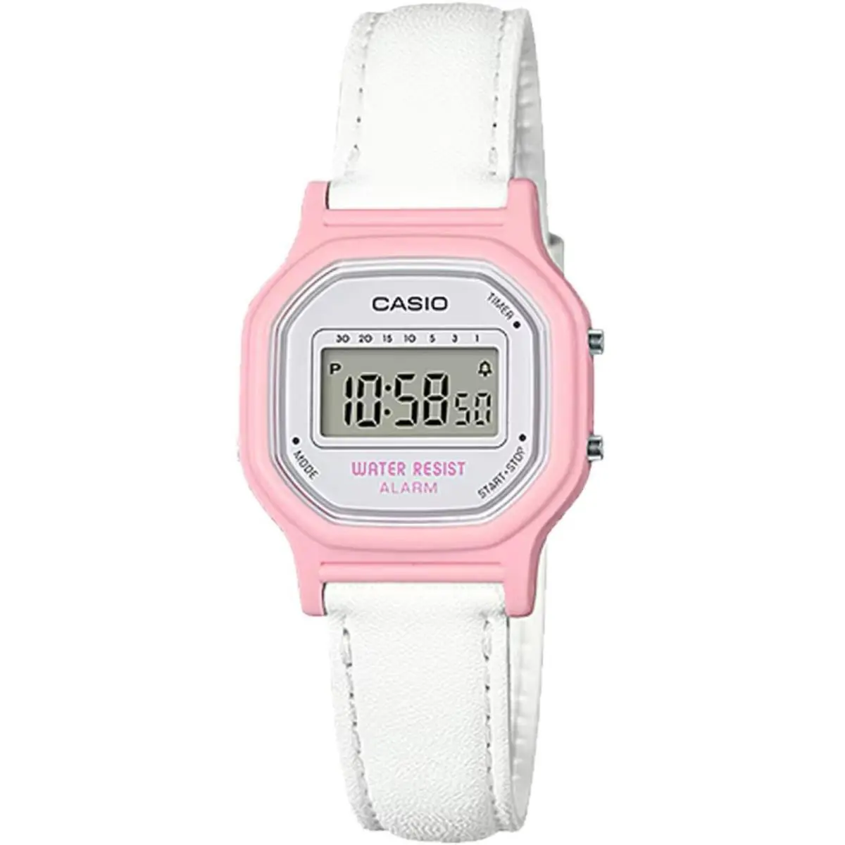 Casio Women`s Watch Alarm Grey Digi Dial White Leather Strap Quartz LA-11WL-4A