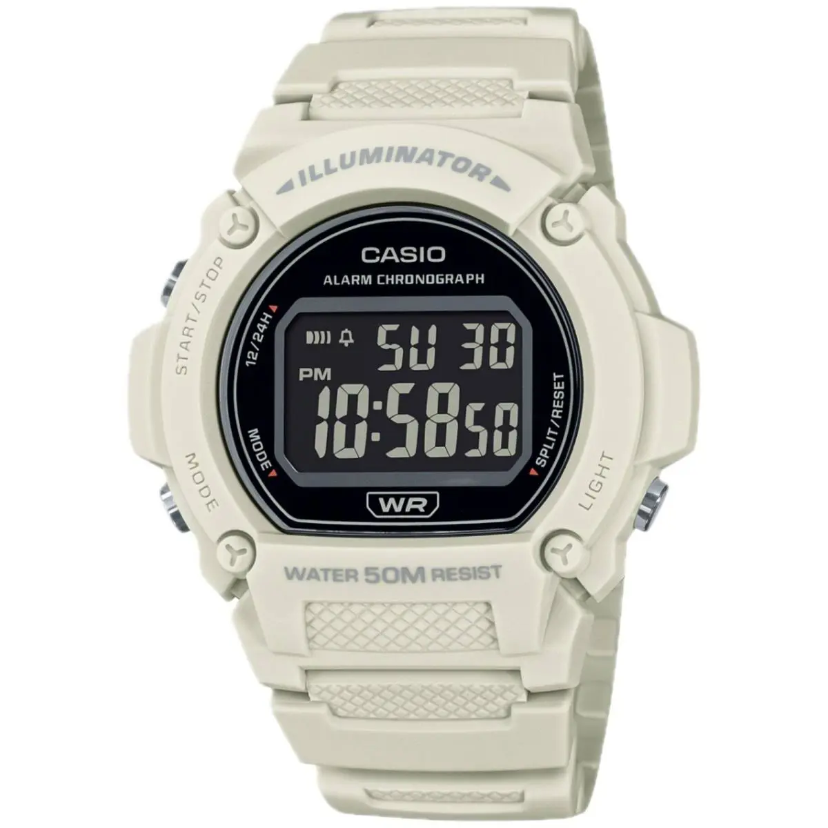 Casio Men`s Watch Chronograph Black Digital Dial White Resin Strap W-219HC-8BVCF