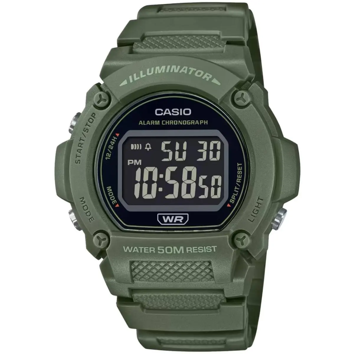 Casio Men`s Watch Chronograph Black Digital Dial Green Resin Strap W-219HC-3BVCF