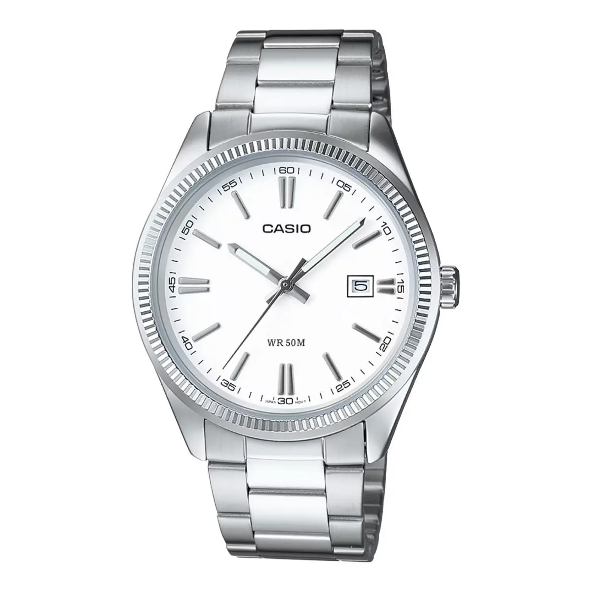 Casio Men’s Silver Stainless Steel Analog Watch with White Dial