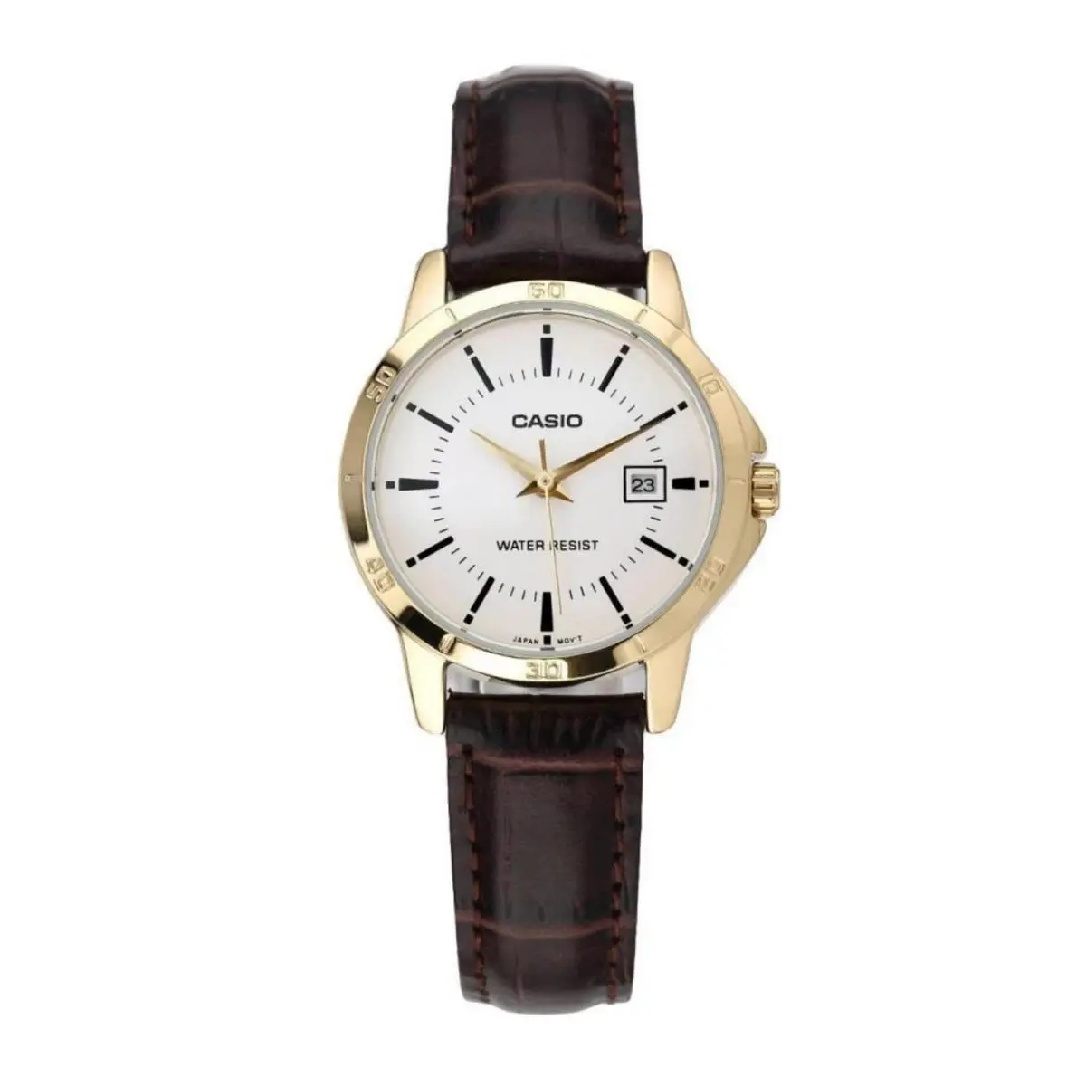 Casio Women’s Gold Analog Watch with White Dial and Brown Leather Strap