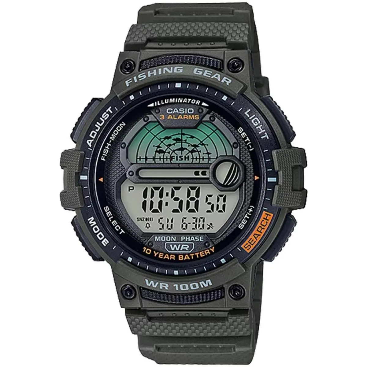 Casio Men`s Watch Dual Time Grey Digital Dial Green Resin Strap WS-1200H-3AV