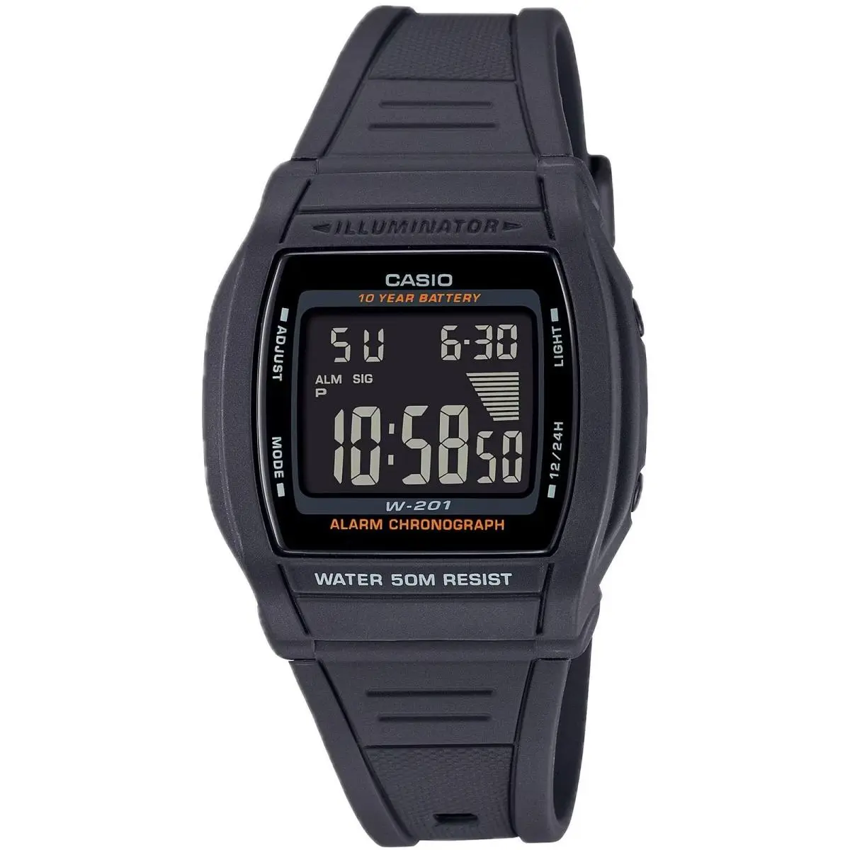 Casio Men`s Watch Dual Time Function Black Digi Dial Resin Strap Alarm W-201-1BV
