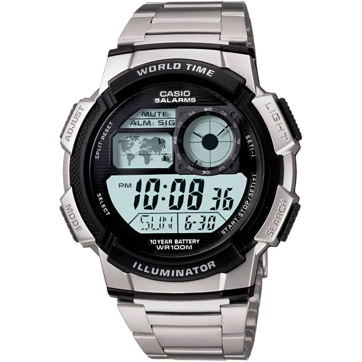 Casio Men`s Digital Watch Youth World Time Silver Steel Bracelet AE-1000WD-1A