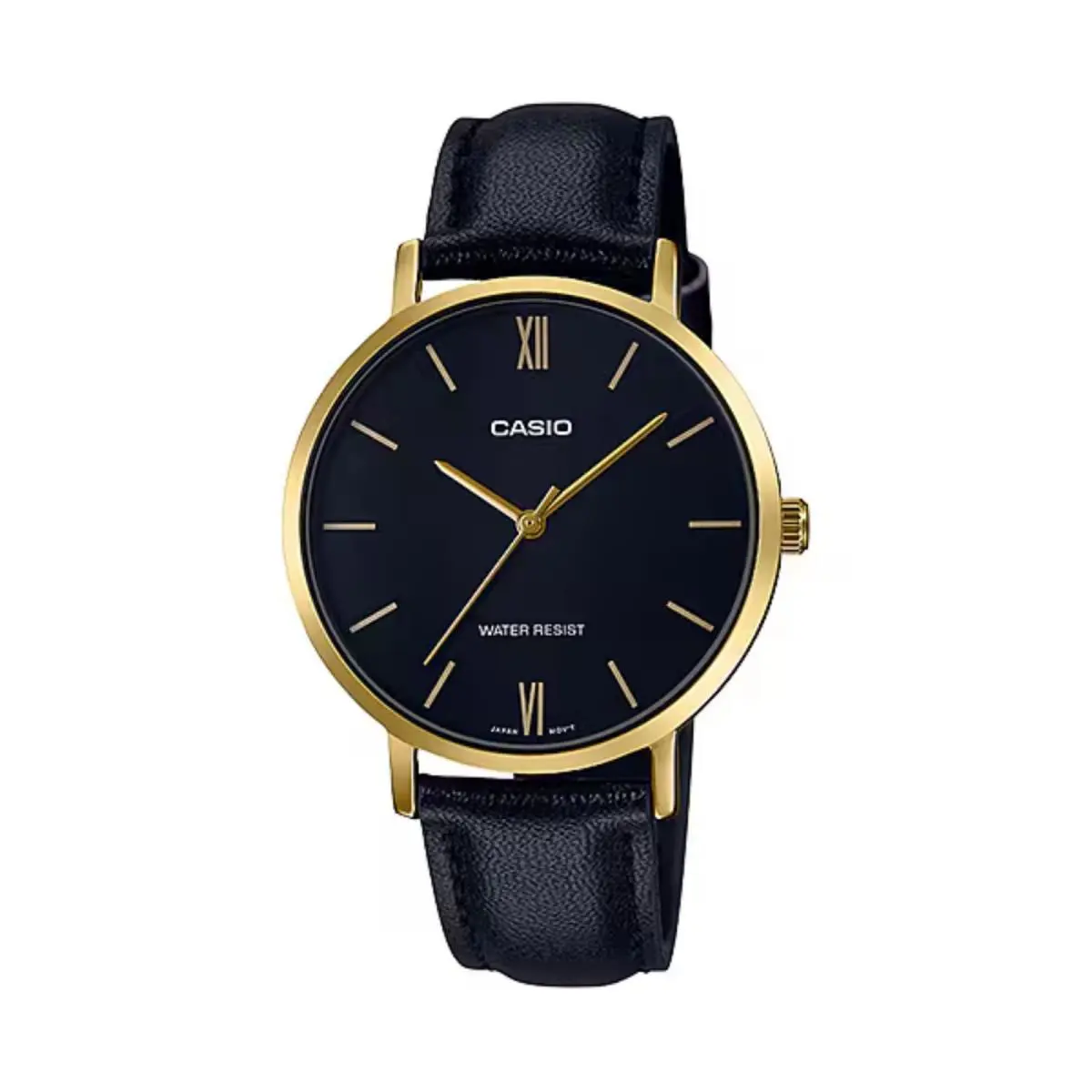 Casio Women’s Black Leather Strap Analog Watch with Gold Case