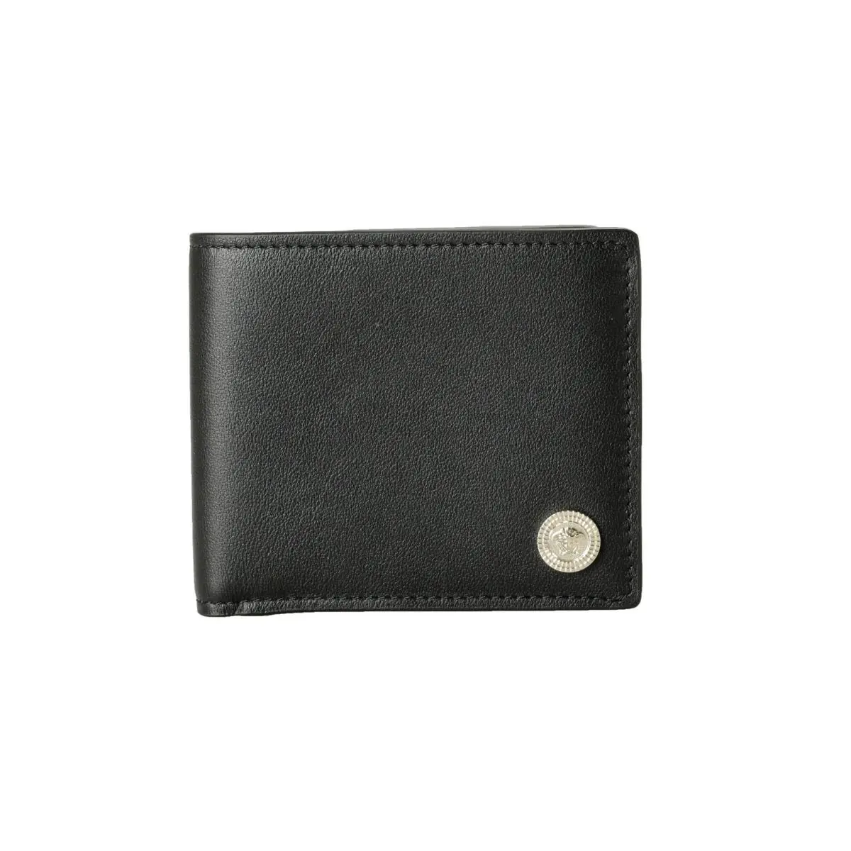 Versace Black Textured Leather Silver Medusa Head Bifold Wallet