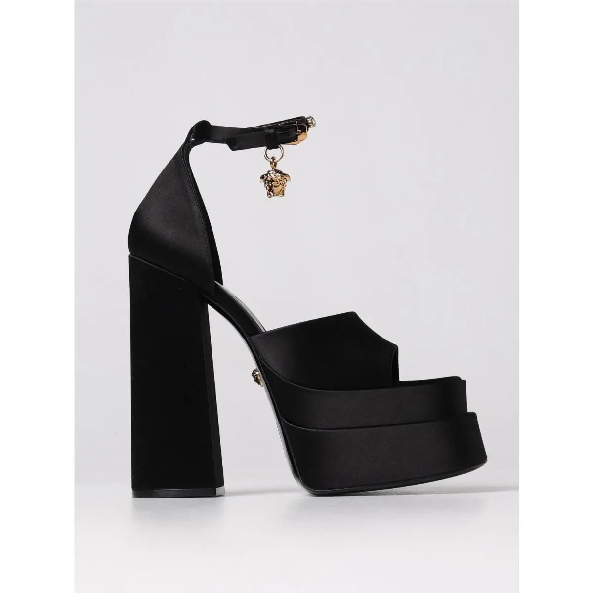 Medusa Aevitas Black Satin Crystal Logo Platform Pumps 38 / 8 by Versace