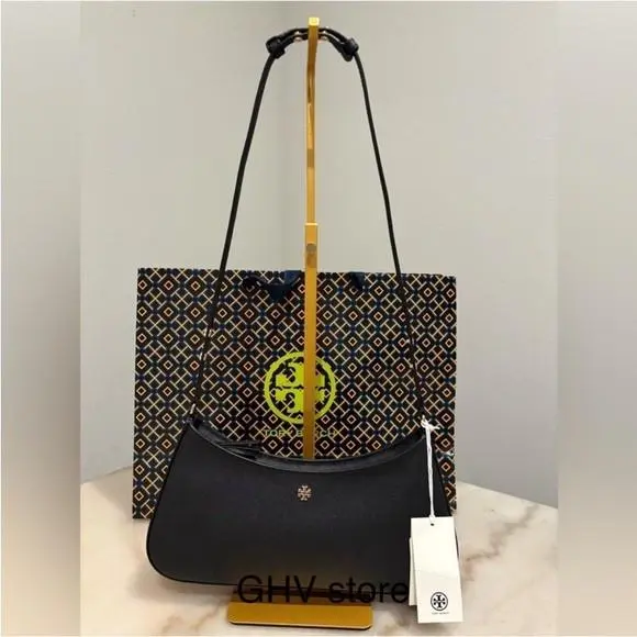 Emerson Patent Leather Adjustable Strap Shoulder Handbag Black Saffiano Leather by Tory Burch