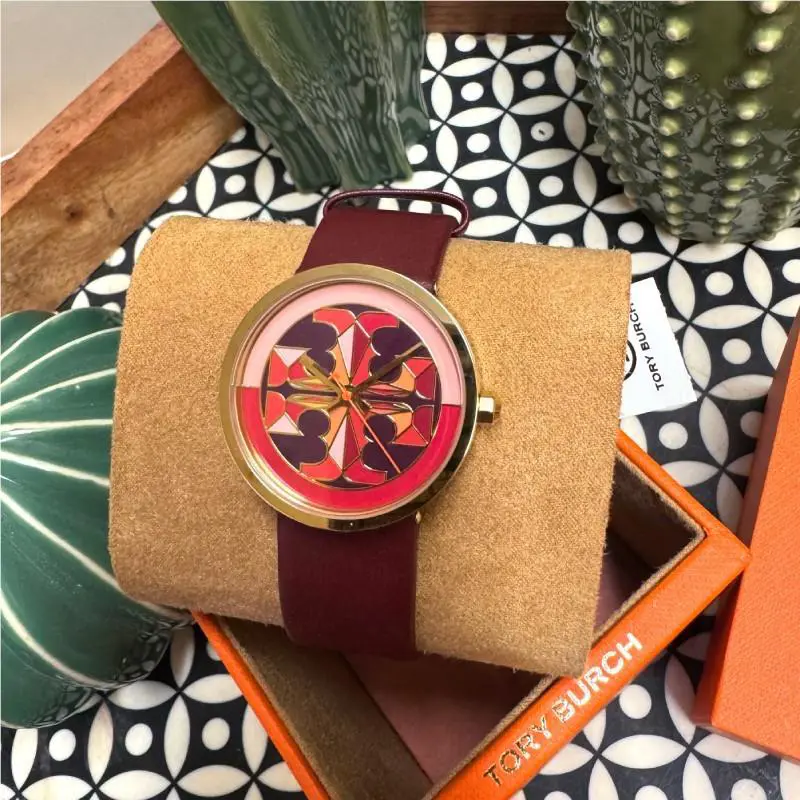 Tory Burch Reva Dark Red Leather Band Gold Case 36mm Watch TBW4041