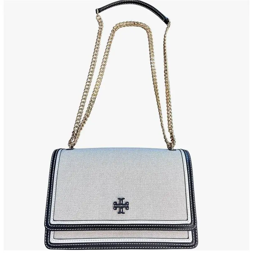 Tory Burch Emerson Canvas Shoulder Bag Black Leather Trim Gold Chain Strap 10