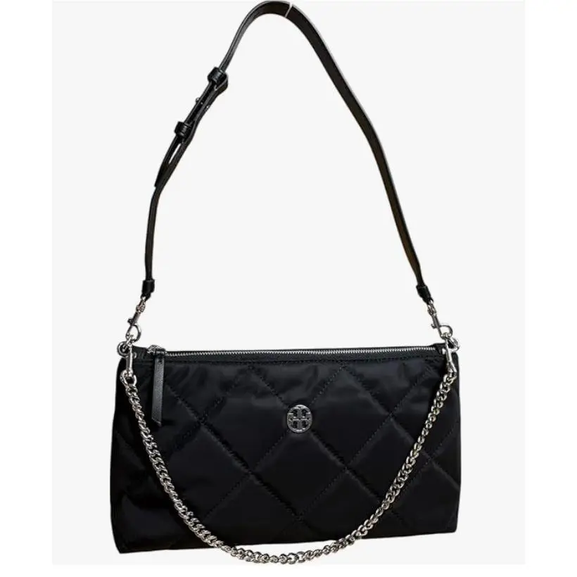 Tory Burch Willa Quilted Nylon Zip Shoulder Bag Black Silver Hardware