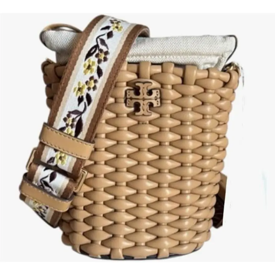 Tory Burch Emerson Woven Mini Bucket Bag Ginger Shortbread Beige
