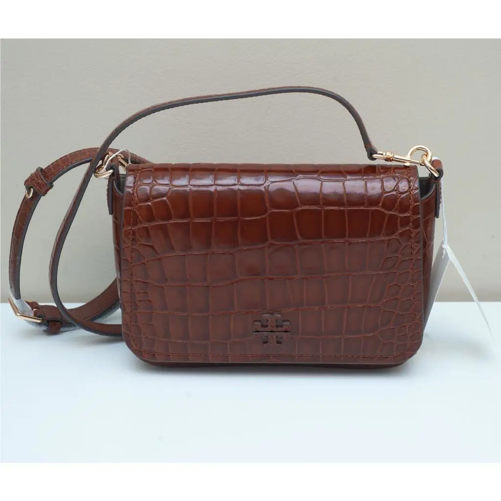 Tory Burch Thea Embossed Flap Crossbody Bag Purse in Warm Amber 170040