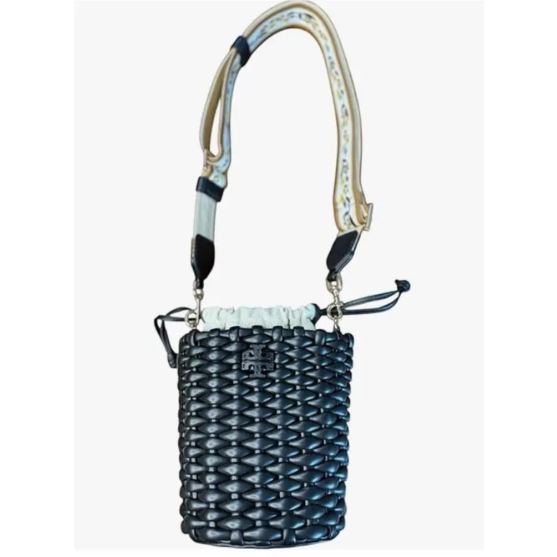 Tory Burch Emerson Mini Bucket Bag Black Woven Leather Floral Adjustable Strap