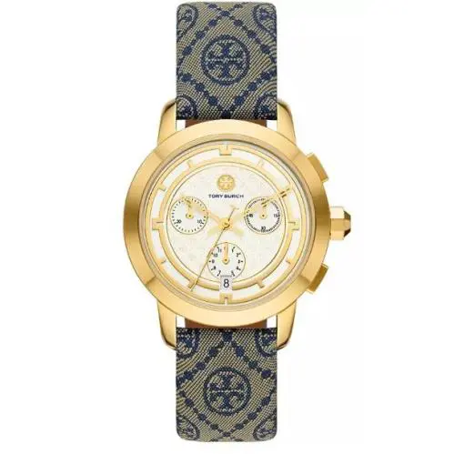 Tory Burch Chronograph The Tory Blue Fabric Luggage Leather Watch 37mm - Blue
