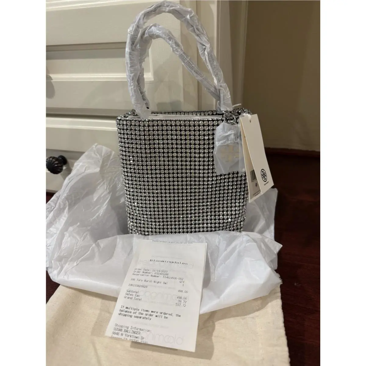 Tory Burch Night Owl Crystal Embellished Mini Tote in Silver
