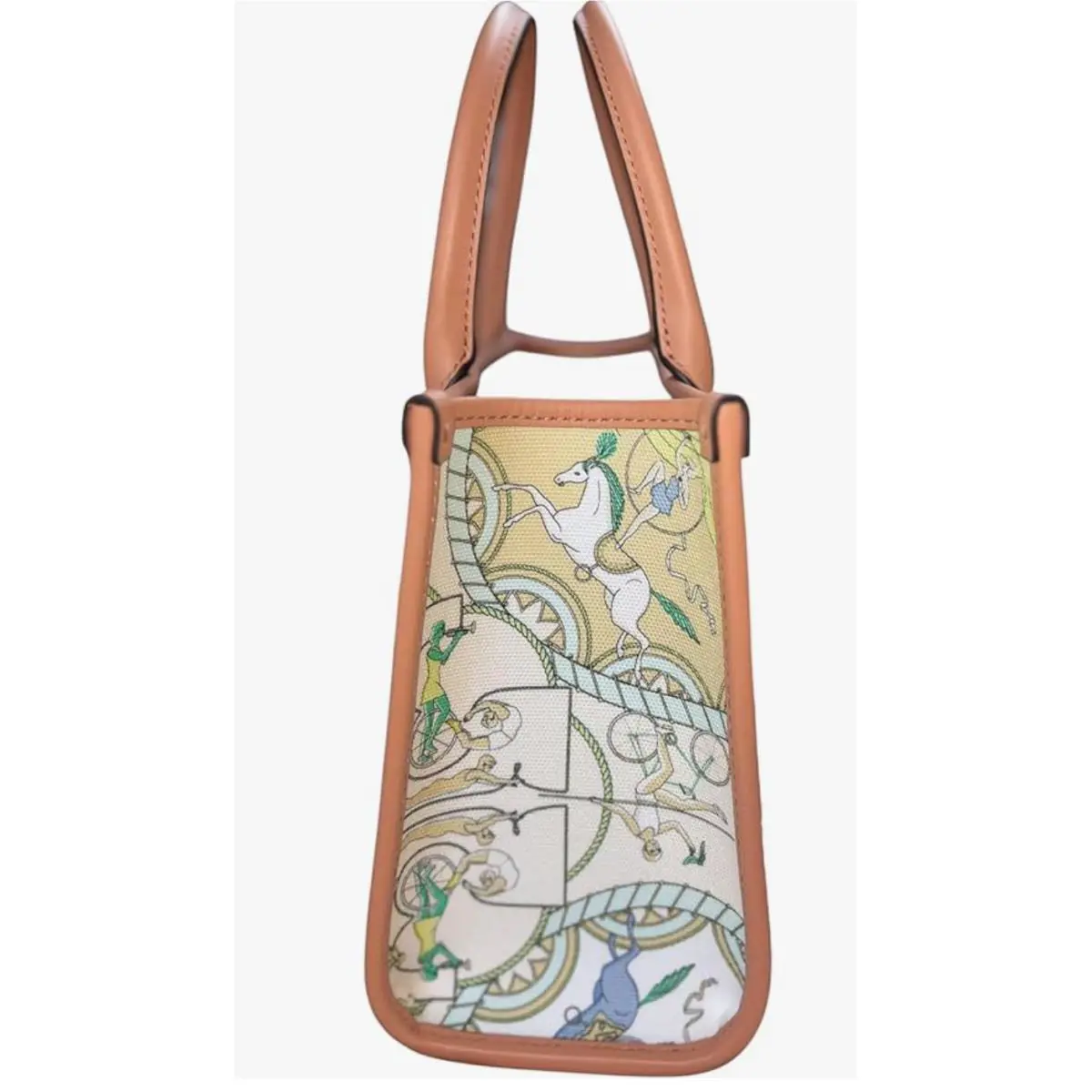 Tory Burch Blake Small Tote Canvas w Bicycle Print Green Brown Leather Trim