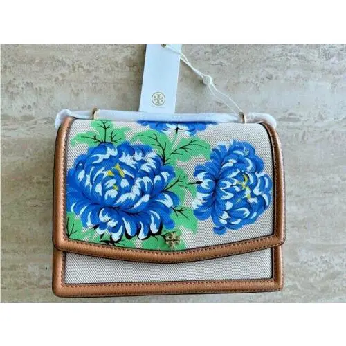 Tory Burch Emerson Ditsy Floral Convertible Blue Linen Gold Shoulder Bag