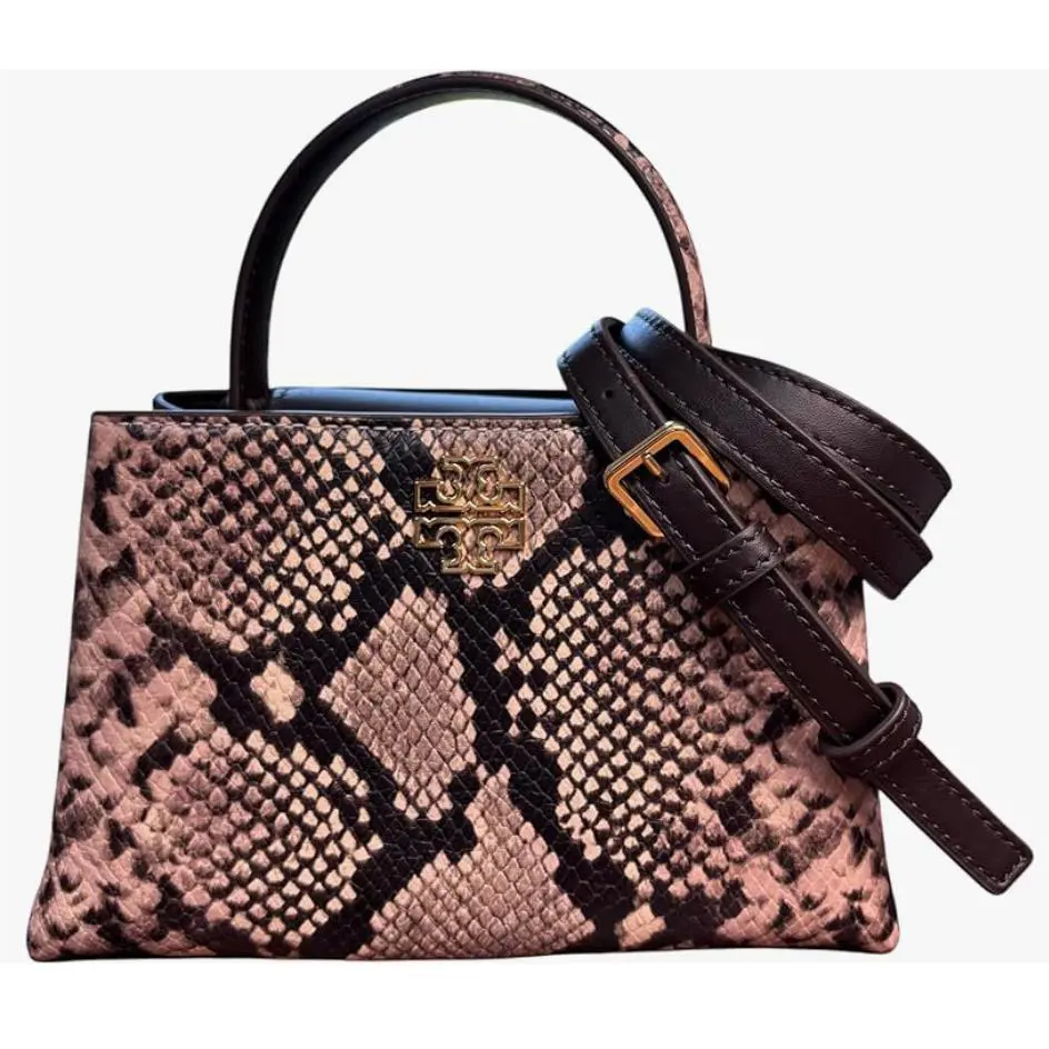 Tory Burch Britten Mini Satchel Snake Embossed Leather Brown and Beige Pattern