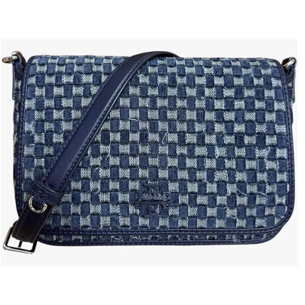 Tory Burch Denim Leather Thea Flap Crossbody Shoulder Bag