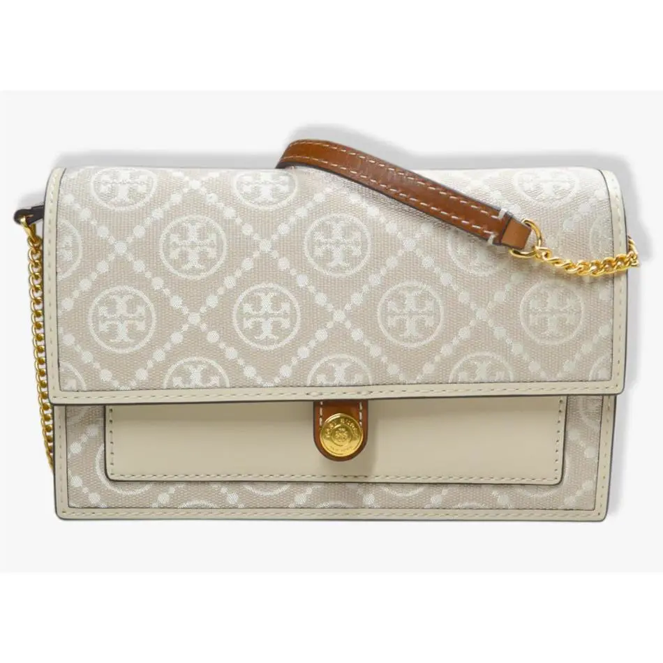 Tory Burch Woven T Monogram Jacquard Leather Trims Chain Crossbody Mini Ivory