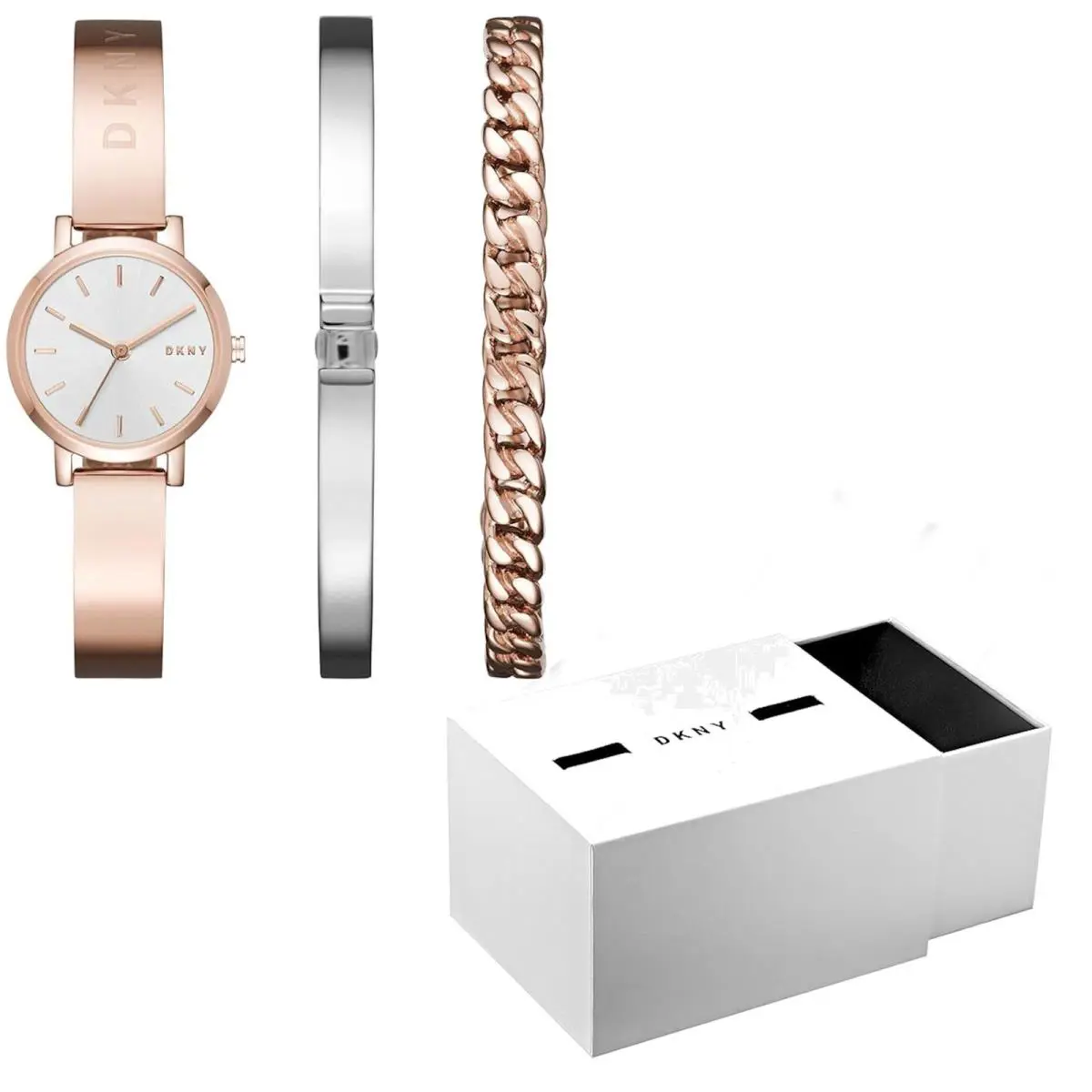 Dkny Soho NY2618 Quartz Bangle Chain Bracelet Rose Tone Womens Watch Set